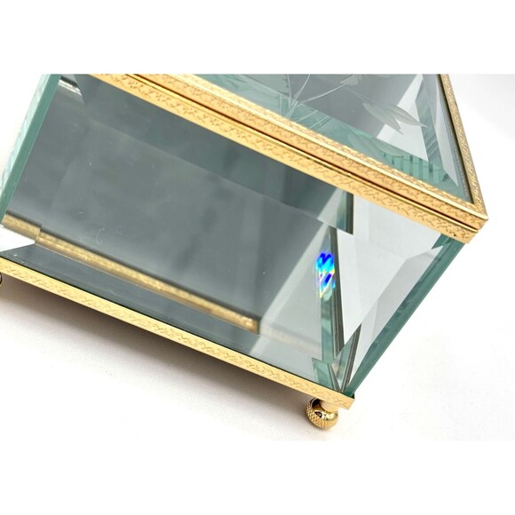 Crystal Glass Mirrored Jewelry Trinket Box Beveled Footed Etched Flower Embossed - Picture 13 of 16